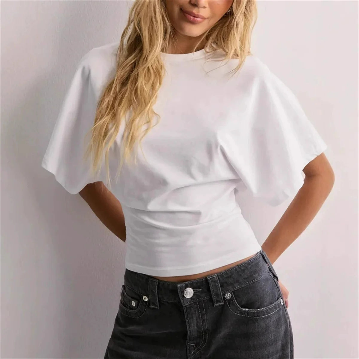 Women Solid Color Round Neck Front Shoulder Wide Long Sleeves Cinched Waist Slim Crop Top Daily Casual Simple Versatile Tops