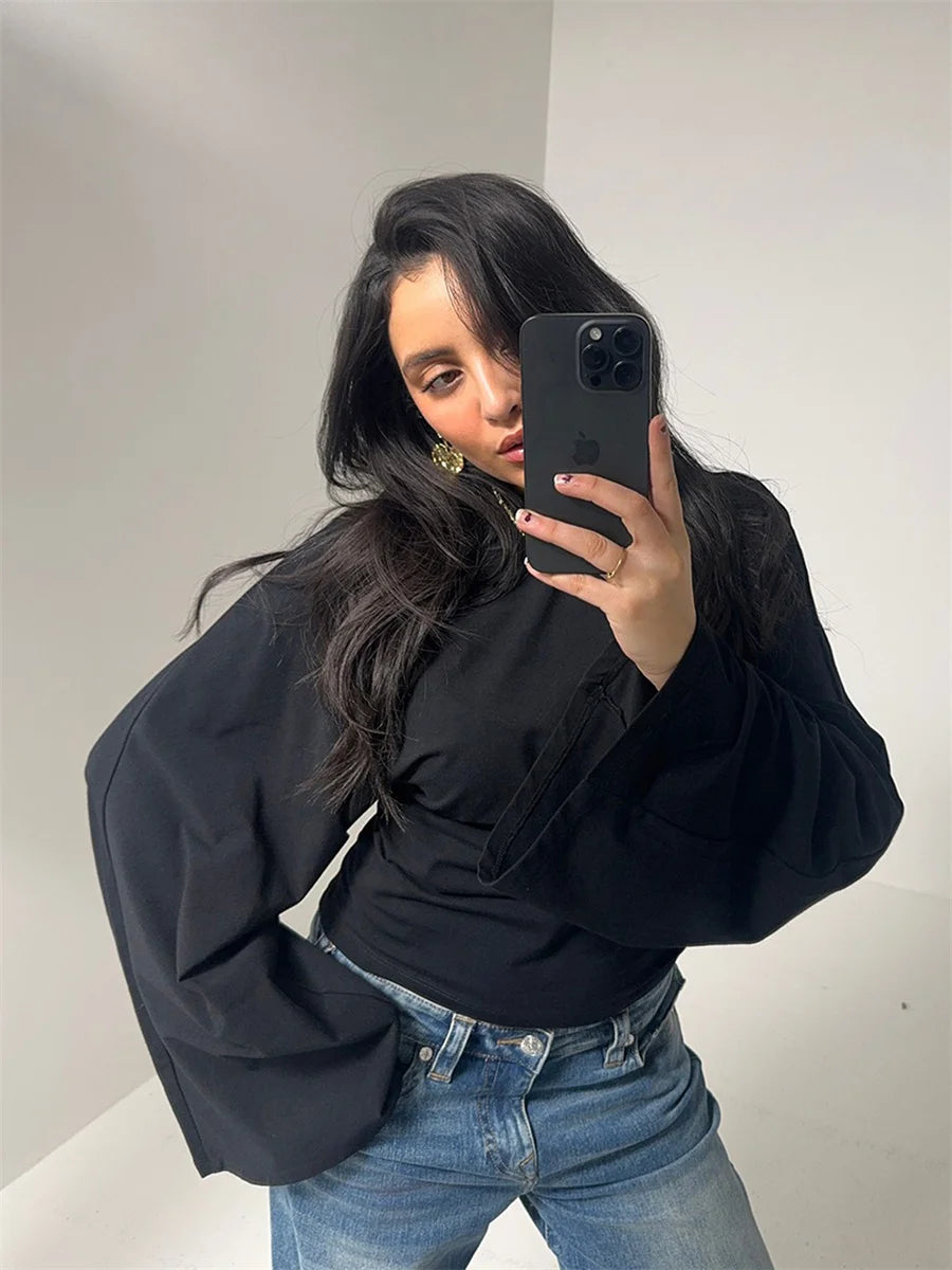 Women Solid Color Round Neck Front Shoulder Wide Long Sleeves Cinched Waist Slim Crop Top Daily Casual Simple Versatile Tops