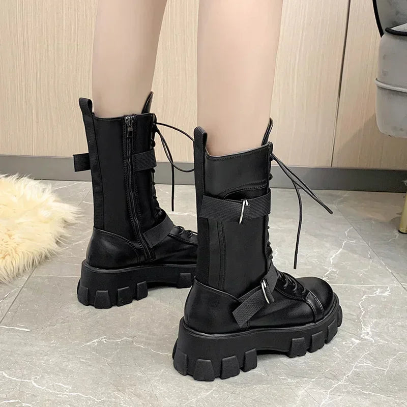 Women Mid-Calf Boots Pring Motorcycle Boots Women's Cosplay High Boots Punk Gothic Black High Heel Shoes Women Long Knight Boot