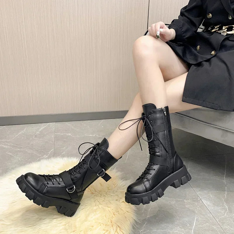 Women Mid-Calf Boots Pring Motorcycle Boots Women's Cosplay High Boots Punk Gothic Black High Heel Shoes Women Long Knight Boot