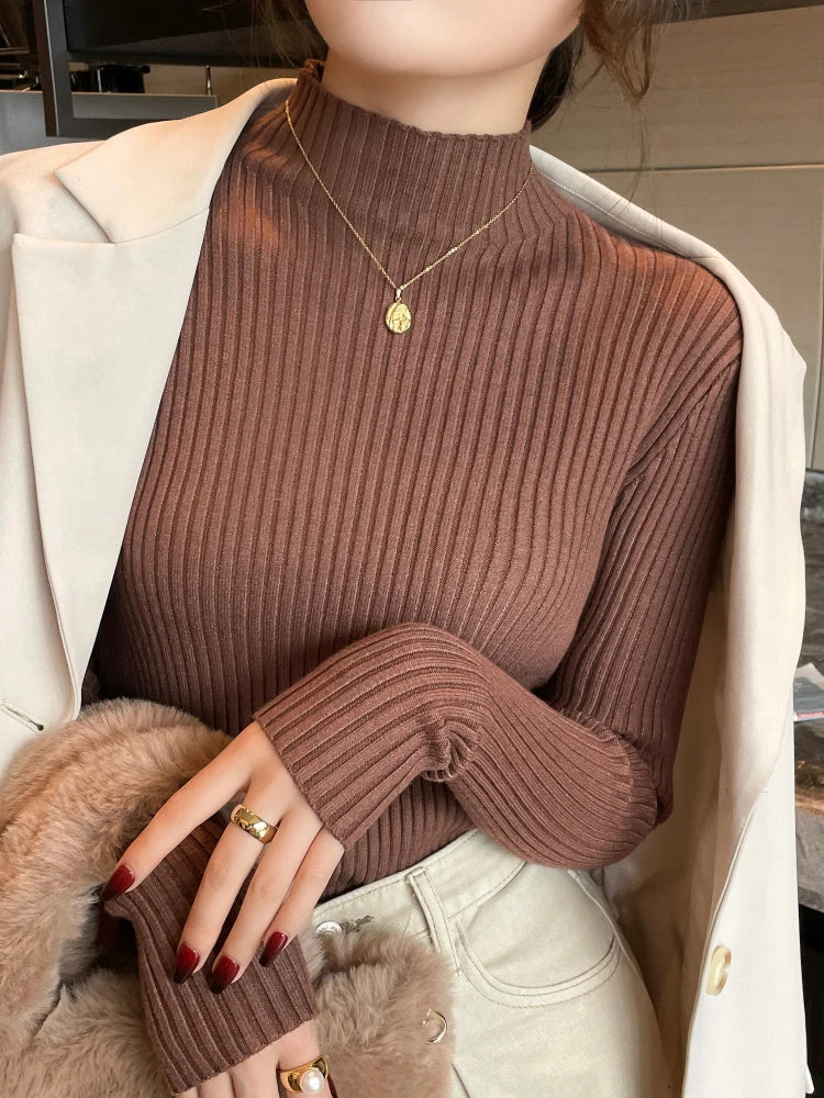Chic Autumn Winter 2025 Pullovers Women Long Sleeve Casual Turtleneck Warm Basic Sweater Knit Jumpers Solid Color Slim Tops
