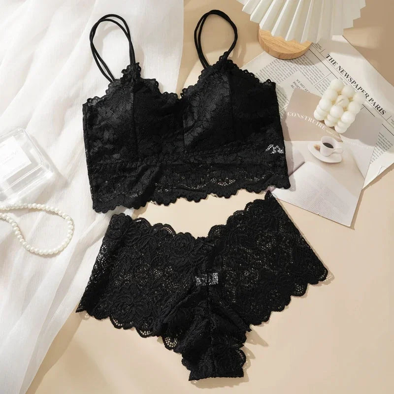 Women's Sexy Lace Bra Suit Solid Set Beautiful Back Hollow Out No Steel Ring Underwear With Lace Flower Breathable Panties