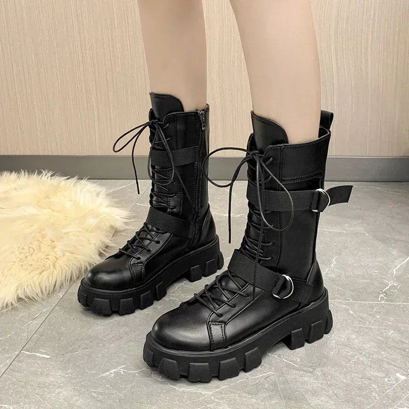 Women Mid-Calf Boots Pring Motorcycle Boots Women's Cosplay High Boots Punk Gothic Black High Heel Shoes Women Long Knight Boot