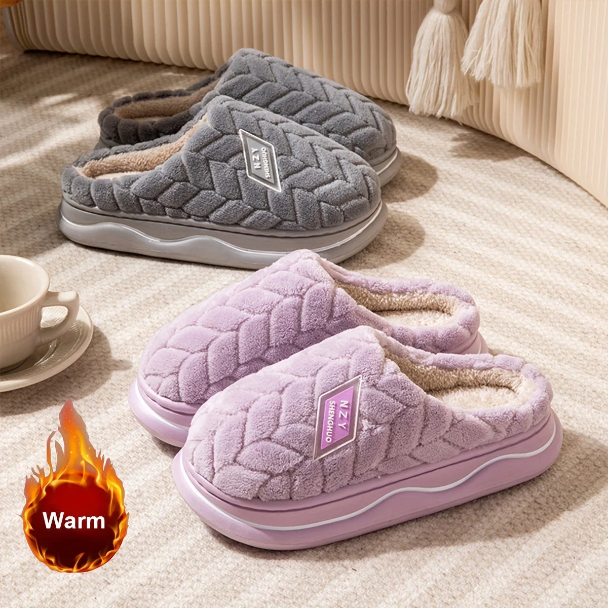 Warmth and Slip-Resistant Thick Sole Plush Slippers - Autumn and Winter Indoor Home Slippers for Women and Men's Couple