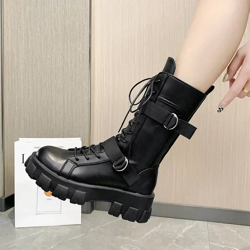 Women Mid-Calf Boots Pring Motorcycle Boots Women's Cosplay High Boots Punk Gothic Black High Heel Shoes Women Long Knight Boot