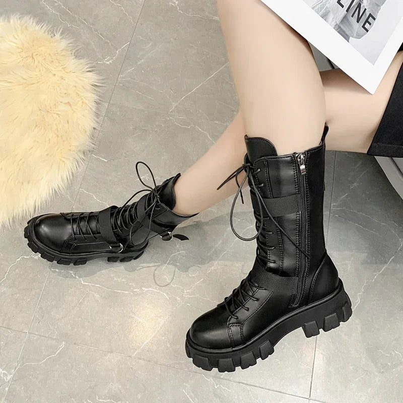Women Mid-Calf Boots Pring Motorcycle Boots Women's Cosplay High Boots Punk Gothic Black High Heel Shoes Women Long Knight Boot