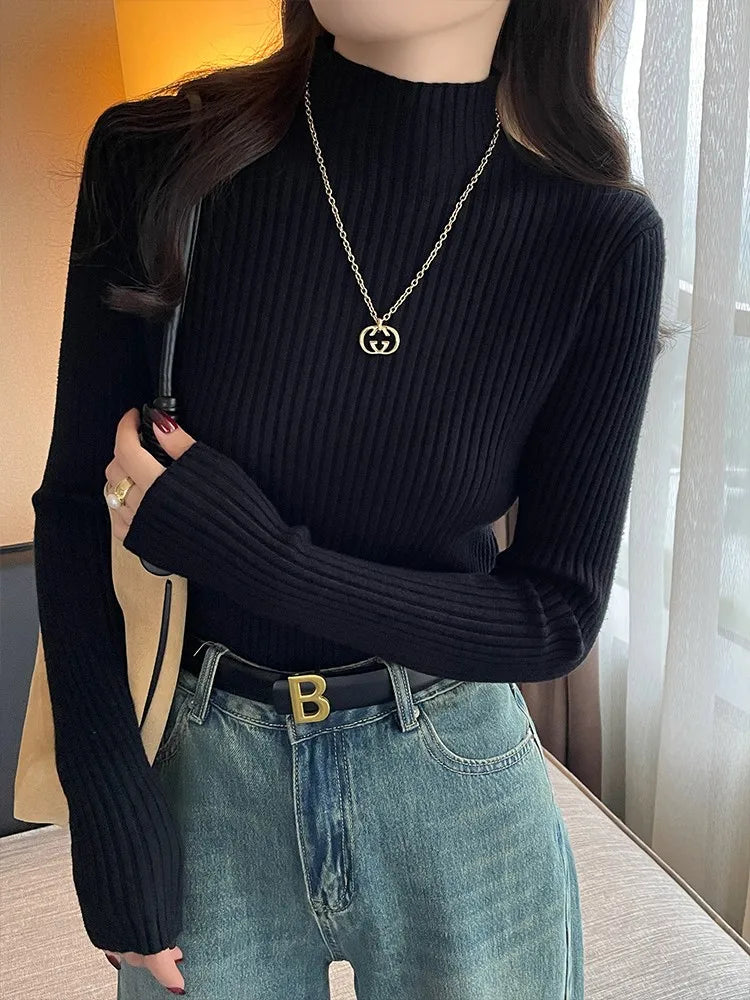 Chic Autumn Winter 2025 Pullovers Women Long Sleeve Casual Turtleneck Warm Basic Sweater Knit Jumpers Solid Color Slim Tops