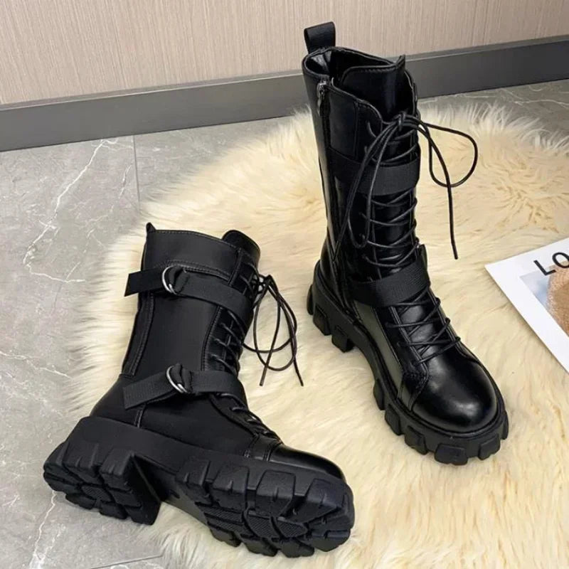 Women Mid-Calf Boots Pring Motorcycle Boots Women's Cosplay High Boots Punk Gothic Black High Heel Shoes Women Long Knight Boot